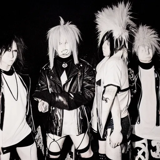 Image similar to jerry schatzberg photo of an anime metal band, direct flash photography at night, film grain