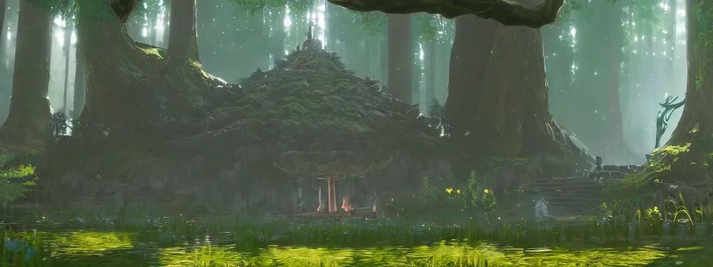 Prompt: matte painting of a magnificent ethereal wishing well in forest glade by Zelda breath of the wild, 8k, ultra hd