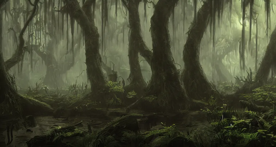 Prompt: A dense and dark enchanted forest with a swamp, by Blizzard Concept Artists