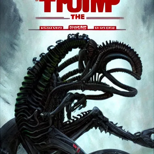 Image similar to donald trump as the xenomorph queen from aliens, poster art, cover art, concept art