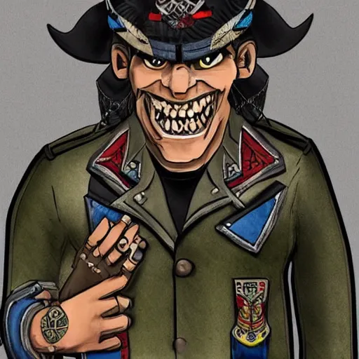 Prompt: a middle aged half - orc with thin fangs and blue grey intelligent eyes, a bemused smile. he wears a patchwork military uniform jacket with cut sleeves and many charms and baubles worked into the fabric, with an upturned collar. he has sleeve tattoos. 1 9 th century style
