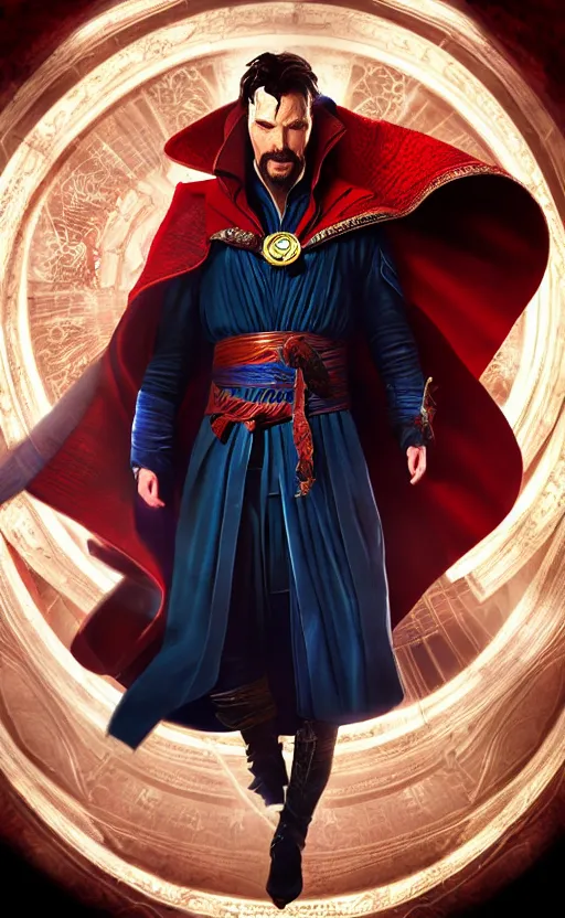 Image similar to epic doctor strange wallpaper, black and red suit, dynamic lighting, photorealistic fantasy concept art, trending on art station, stunning visuals, terrifying, creative, cinematic