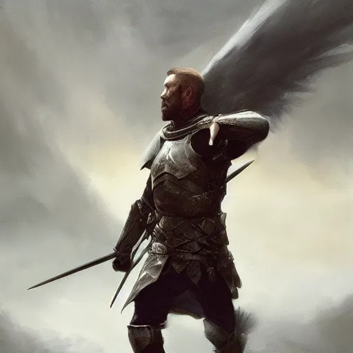 Image similar to a dramatic epic ethereal portrait of a medieval soldier, full body with dynamic pose, male, detailed face, cinematic lighting, highly detailed oil on canvas painting by Greg Rutkowski, winning-award digital art trending on Artstation H 1024 W 832