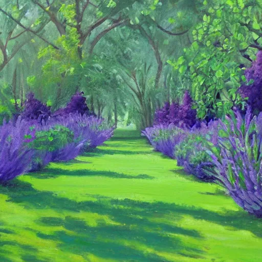 Prompt: tranquil oil painting of purple garden withe green trees, detailed, 8k, mesmerizing