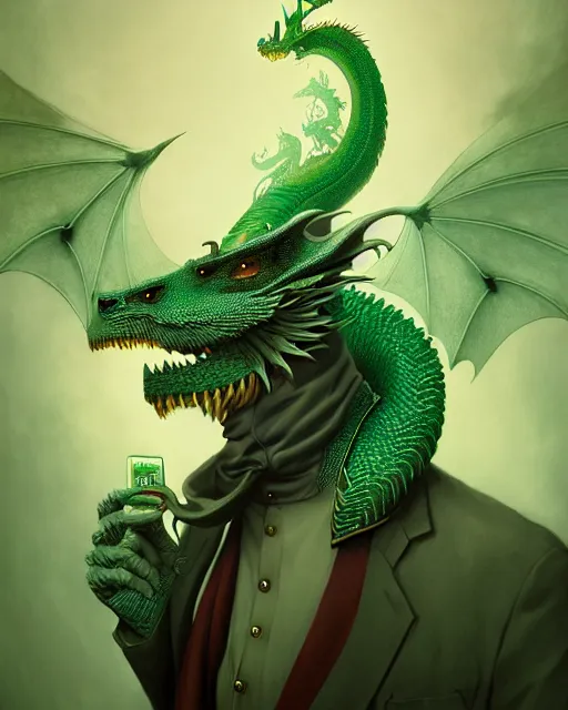 Image similar to anthropomorphic art of a businessman dragon, green dragon, portrait, victorian inspired clothing by artgerm, victo ngai, ryohei hase, artstation. fractal papers and books. highly detailed digital painting, smooth, global illumination, fantasy art by greg rutkowsky, karl spitzweg