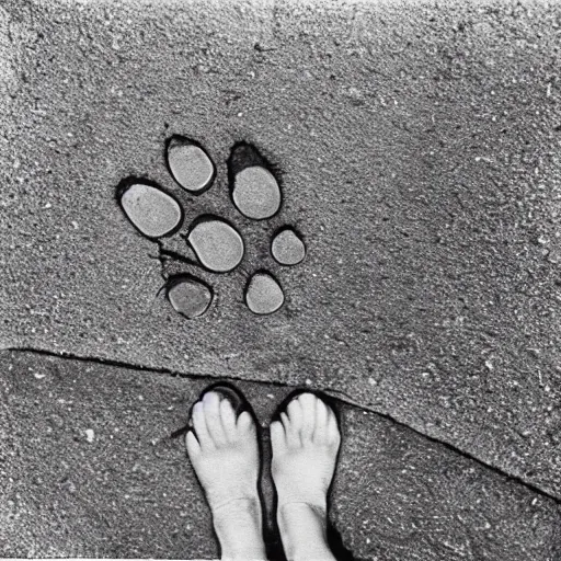 Prompt: wide-shot very low-angle eyesight first-person!! cat's paw prints on fresh cement at the street, polaroid photo, by Andy Warhol