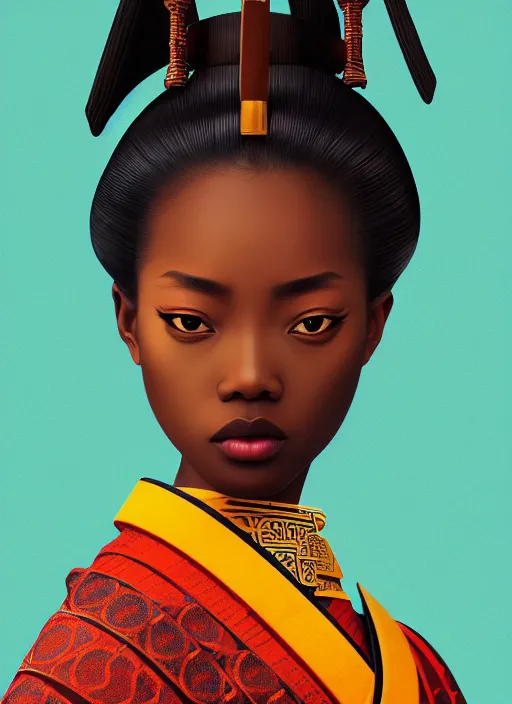 Prompt: attractive female portrait of african samurai, wearing robe, rule of thirds, uplight, intricate, symmetrical!!, depth of field, cinematic, filmic, vsco, concept art, artstation, digital painting, elegant, model, gorgeous, adobe, vouge, kodak, magazine cover, art by hayao miyazaki and masashi ando