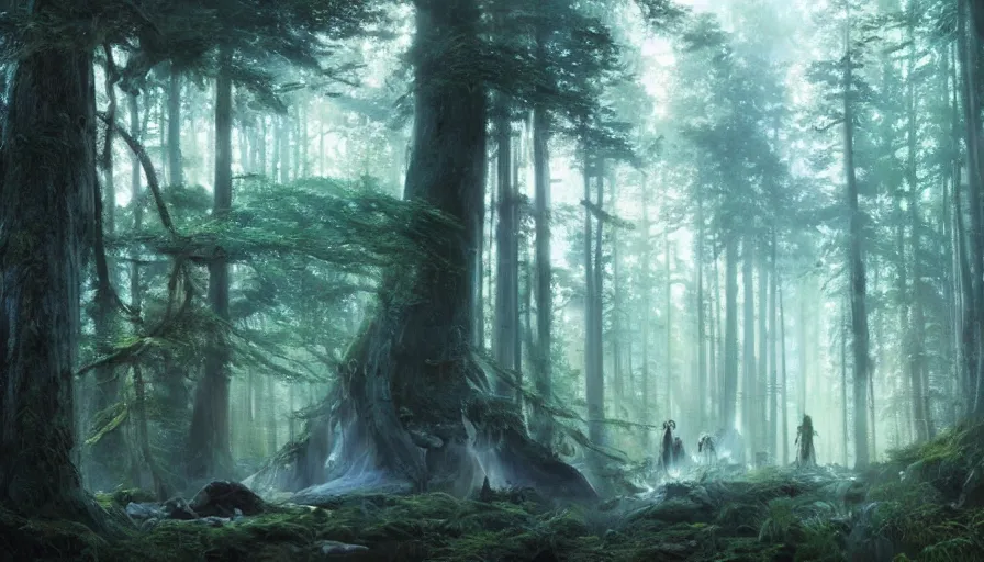 Prompt: beautiful ancient forest, matte painting, beautifully painted, beautiful lighting, enchanted forest, jeremy lipking, studio ghibli, princess mononoke, 8 k, rays of light, amazing detail, princess mononoke background paintings