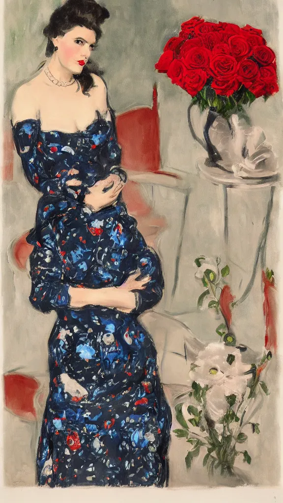 Image similar to portrait of rebekah delrio in david lynch pattern dress beside of a big persian detailed pot of red roses, blue and red lights painted by john singer sargent