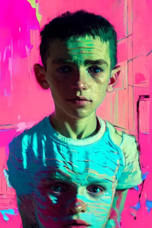 Image similar to portrait of a young boy nor living not death in a postapoliptic forgotten world, in the colors hot pink and cyan, beautiful face, rule of thirds, complex outfit, spotlight, by greg rutkowski, by jeremy mann, by francoise nielly, by van gogh, digital painting