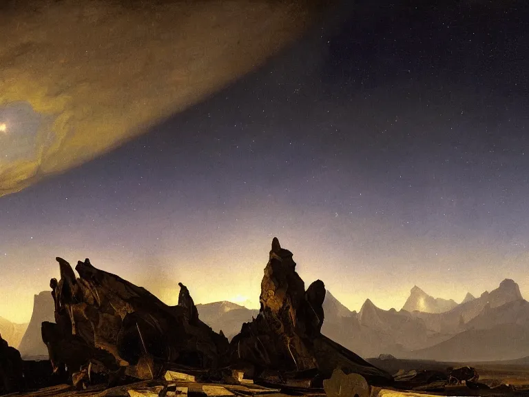 Image similar to an oil painting of a cracked plane on an alien planet with a distant mountain range at dusk with aurora lighting up the sky by carl spitzweg and tuomas korpi. baroque elements, full-length view. baroque element. intricate artwork by caravaggio. Trending on artstation. 8k