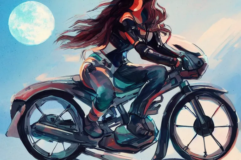 Prompt: a girl is riding a motorbike, digital painting, artstation, the space background,concept art, sharp focus, illustration,