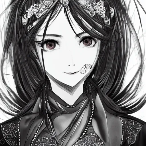 Prompt: a woman smiling, baroque style, black and white, elegant, beautiful, mesmerizing, concept art, fancy clothing, highly detailed, artstation, behance, deviantart, inspired by innocent manga, trending, shinichi sakamoto