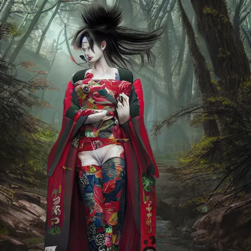 Image similar to cyberpunk geisha in japanese forest, epic, ultra detail, ultra realistic, photorealistic, 4k, god rays, highly detailed, full body, ornate, cinematic lighting, trending on artstation, hyperrealistic, focused, high details, unreal engine 5, cinematic