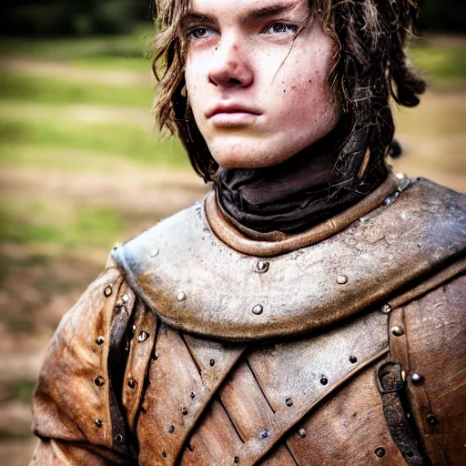 Image similar to Young medieval squire. Standing in the mud. Face closeup. Hyper realistic photo.