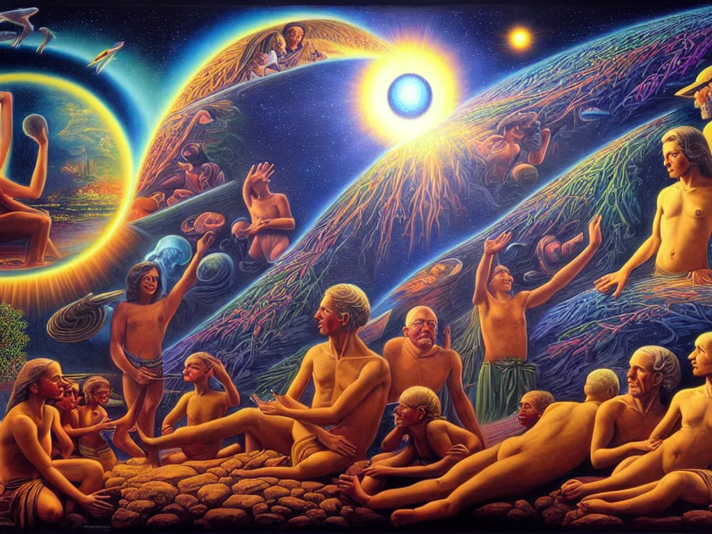 Prompt: a beautiful future for human evolution, spiritual evolution, divinity, enlightenment, utopian, by david a. hardy, wpa, public works mural, socialist