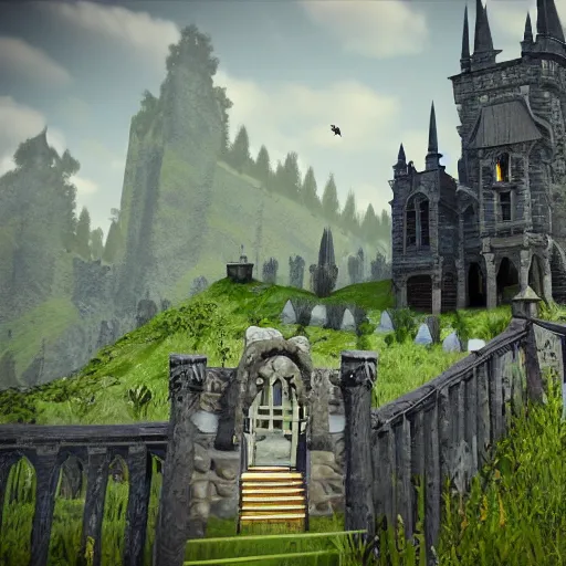 Prompt: beautiful gothic castle landscape in the style of Goat simulator, Gameplay Footage