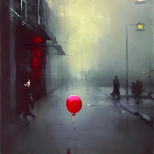 Image similar to lonely kid holding a red balloon, painting by jeremy mann