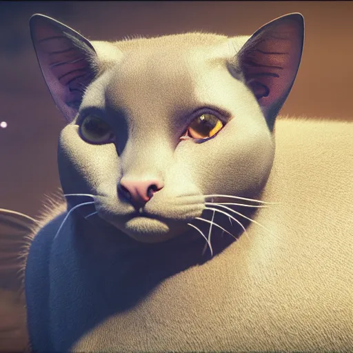 Image similar to siamese cat cow hybrid, fineline detail, cinematic quality, high octane splash art, movie still, cinematic lighting, ray tracing, detailed face, octane render, long lens, shallow depth of field, bokeh, anamorphic lens flare, 8 k, hyper detailed, 3 5 mm film grain