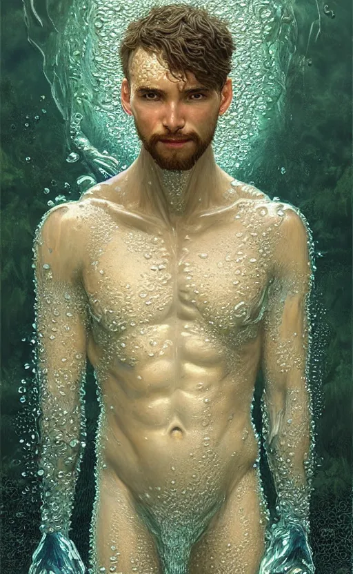 Image similar to portrait of a water man, a humanoid creature made of pure water with tiny water plants on him, concept art, deep focus, fantasy, intricate, highly detailed, digital painting, artstation, matte, sharp focus, illustration, art by artgerm and greg rutkowski and alphonse mucha