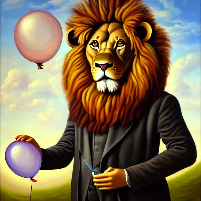 Prompt: a painting of an anthropomorphic male lion scientist researching balloon physics, oil on canvas, furry, soft lighting, sharp focus