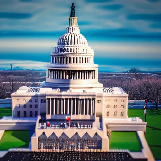 Image similar to washington dc, capitol building, legos, legoset, vintage, aerial view, double - exposure, 3 d, floodlight, ray tracing reflections