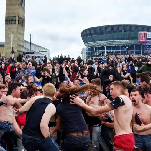 Prompt: wild hooligans fighting in front of Wembley