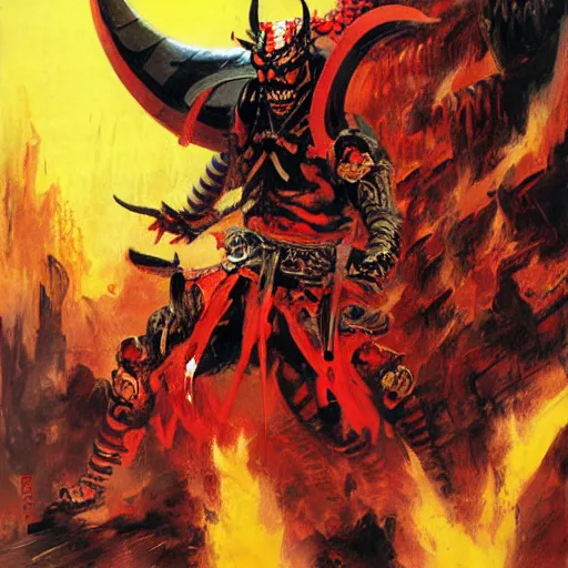 Image similar to demon samurai mask on hell by john berkey, mario feng, mohamed reda