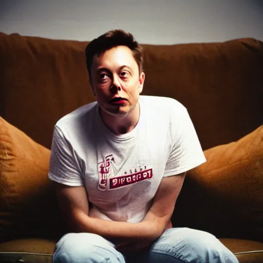 Image similar to bored elon musk with torned dirty t-shirt lying on a couch cinestill 800t