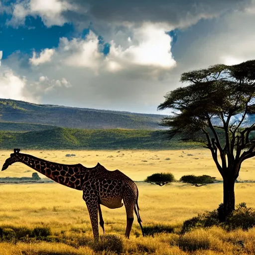 Prompt: national geographic landscape photograph of a valley, with a gigantic giraffe in the distance reaching upwards and eating the clouds