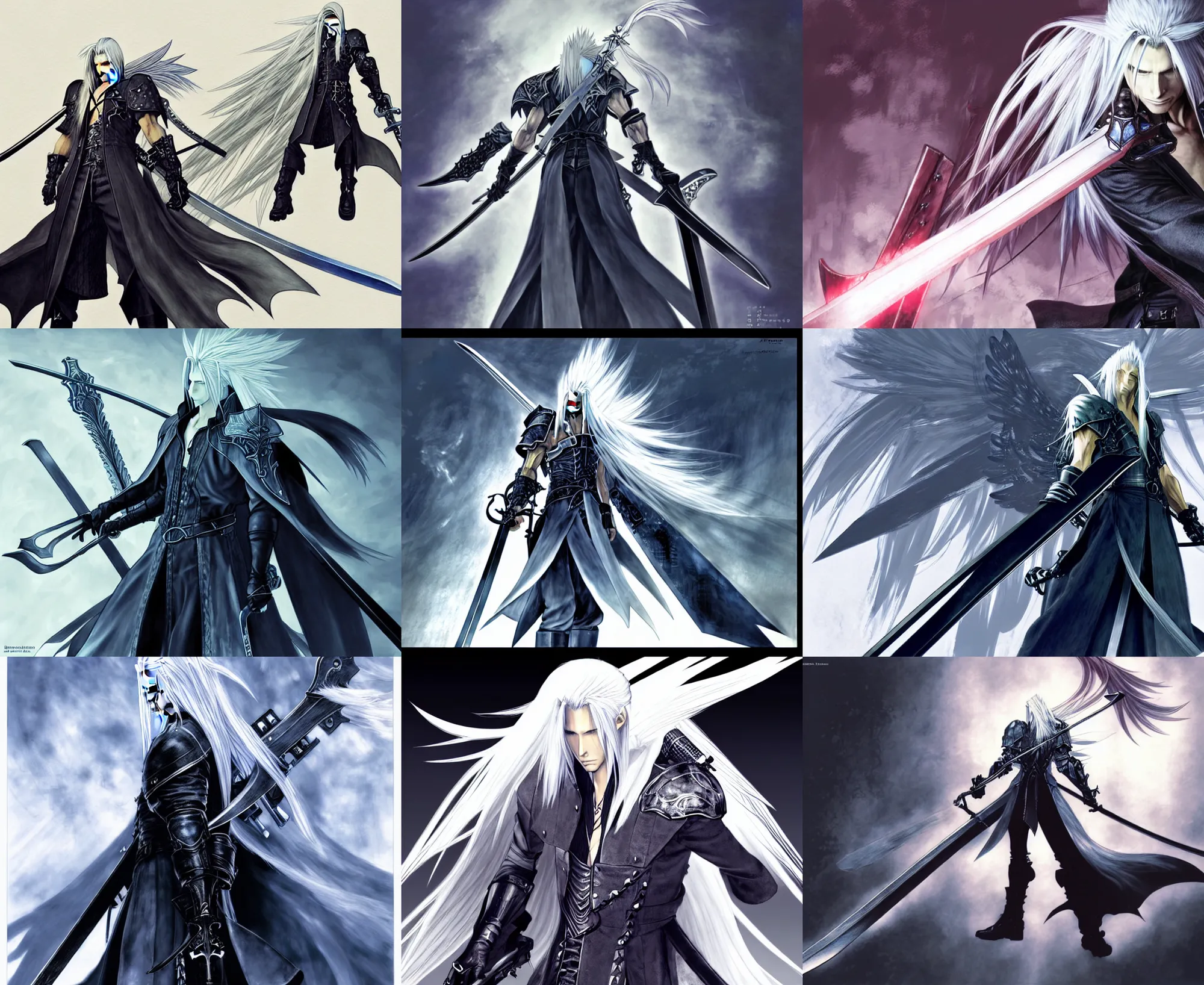 Image similar to Sephiroth illustrated by Akihiko Yoshida, concept art