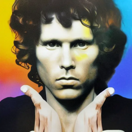 Image similar to colour masterpiece surreal closeup portrait photography jim morrison by miho hirano and annie leibovitz and michael cheval, psychedelic smoke background, 8 k