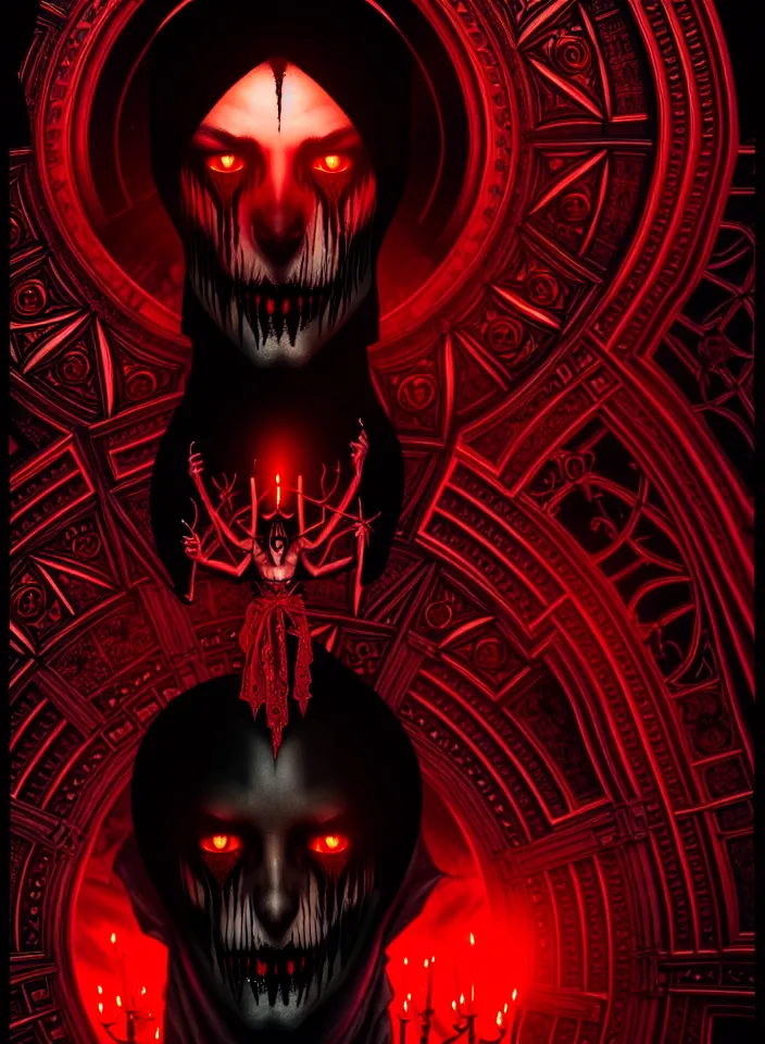 Prompt: symmetry!! portrait of a demonic man, gothic outfit, blood colored glowing lights!! evil atmosphere, intricate, elegant, highly detailed, digital painting, artstation, symmetric concept art, smooth, sharp focus, illustration, art by artgerm and greg rutkowski and alphonse mucha, 8 k