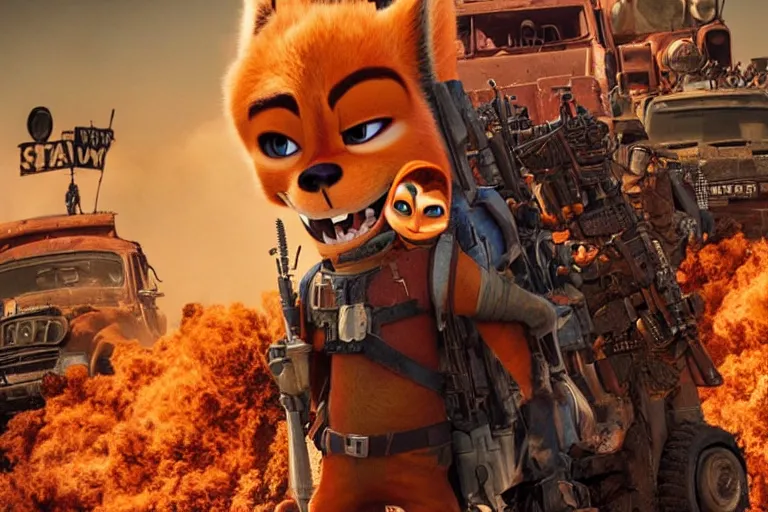 Image similar to nick wilde, heavily armed and armored facing down armageddon in a dark and gritty reboot from the makers of mad max : fury road : witness me