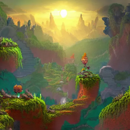 Image similar to way to the beautiful city in a ring of mountains, side-scrolling 2d platformer game level, swirling clouds, fantasy magical vegetation, dramatic dusk sun illuminates areas, volumetric light , detailed, rich color, upscale, fantasy, 8k