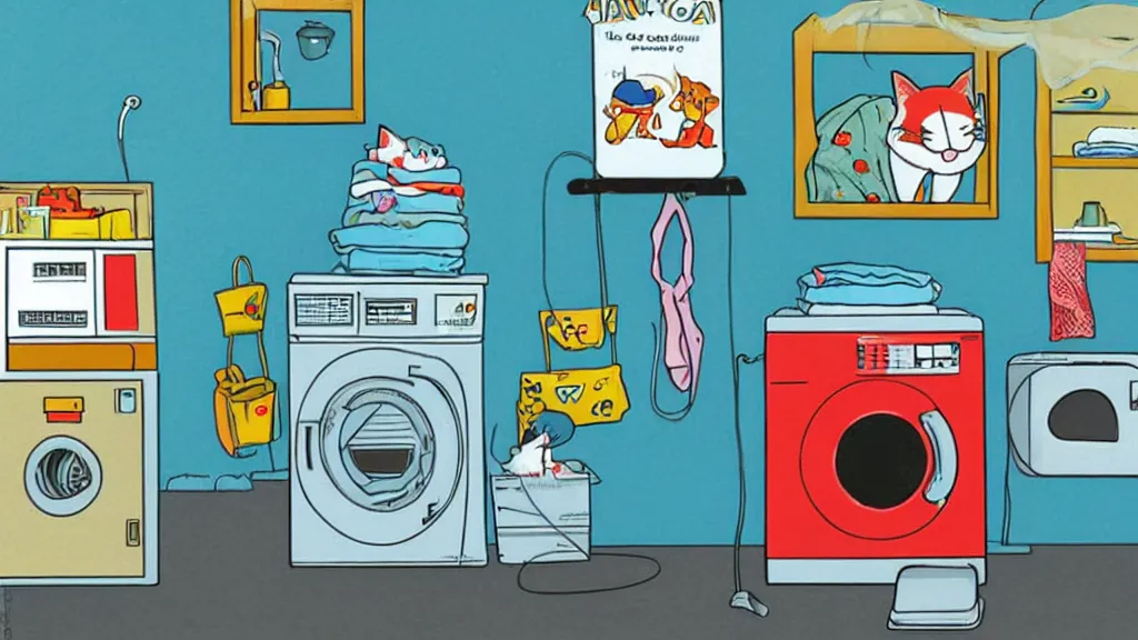 Image similar to cat sitting on top of a washing machine in a laundromat by Richard Scarry illustration