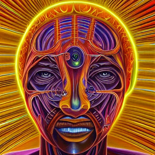 Image similar to enlightened biomechanical a. i, oil painting by alex grey