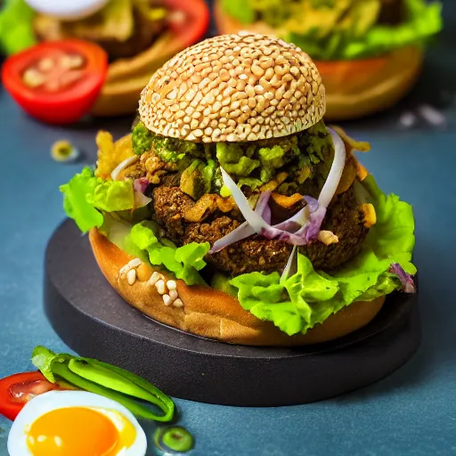 Prompt: vegan hamburger guacamole and crispy fried onion and fried egg toppings, crispy buns, 8 k resolution, professional food photography, studio lighting, sharp focus, hyper - detailed