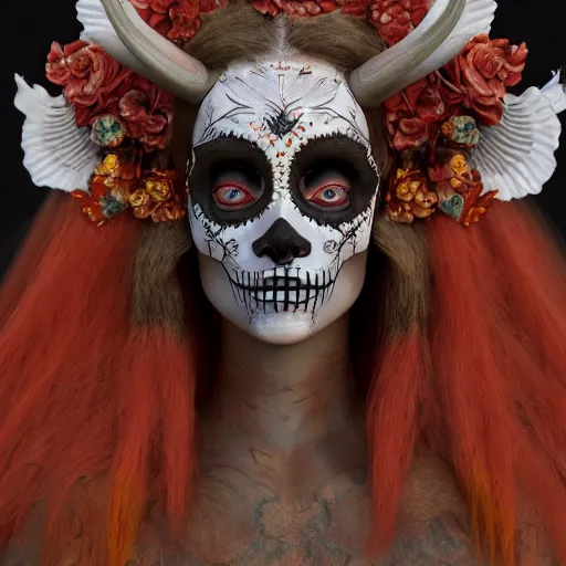 Image similar to changeling satyr lady, mid - waist self - portrait, perfect symmetry, intricate, dia de los muertos, skulls and flowers mask, aztec ultra detailed feathered dress 4 k resolution, octane rendering, ultra realistic, photo realism, beeple, 3 0 mm