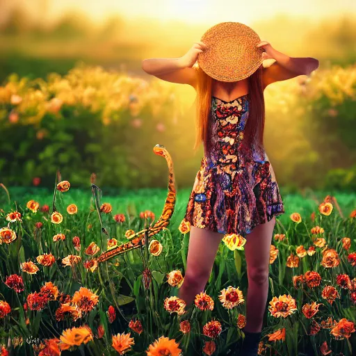 Image similar to full body snake head girl standing in a flower field, her head is hidden behind many snakes, surreal photography, sunrise, dramatic light