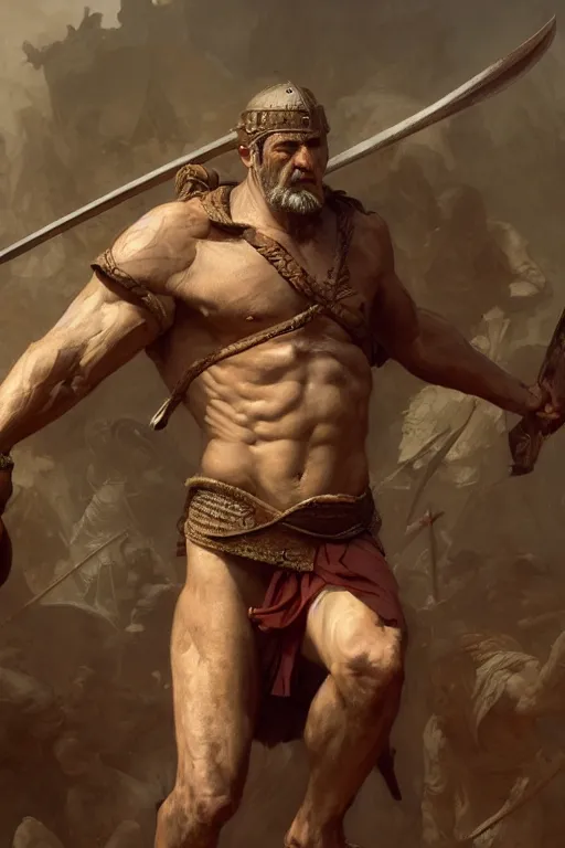 Image similar to ancient historically accurate depiction of the Bible Character Goliath of Gath, the Philistine warrior giant by frank miller, illustration by Ruan Jia and Mandy Jurgens and William-Adolphe Bouguereau, Artgerm, 4k, digital art, surreal, space dandy style, highly detailed, godsend, artstation, digital painting, concept art, smooth, sharp focus, illustration by Ruan Jia and Mandy Jurgens and William-Adolphe Bouguereau, Artgerm