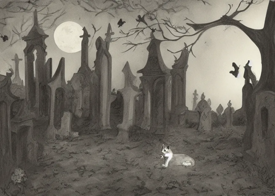 Prompt: a highly detailed portrait of a cat in a moonlit gothic cemetary with some bats and a ghost floating between the gravestones, boke, tilted frame, henry cartier bresson