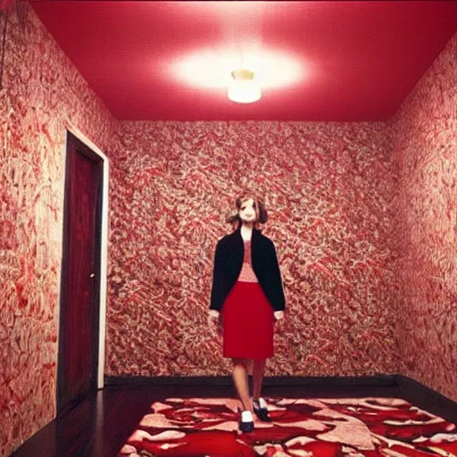 Prompt: “ woman in twin peaks red room, hyperdetailed, realistic lighting aesthetic, surreal vibes ”