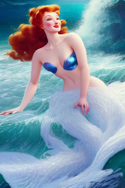 Prompt: sophie turner as the little mermaid splashed onto a rock ocean wave by Gil Elvgren Stanley Artgerm Lau, WLOP, James Jean, Andrei Riabovitchev, Marc Simonetti, Yoshitaka Amano, ArtStation, CGSociety, cinematic lighting, shining eyes, art nouveau