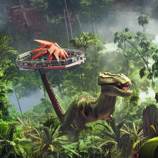 Prompt: a drone view of an elaborate time machine with floating platform over a prehistoric jungle with a t - rex in the background, unreal engine, hyper detailed