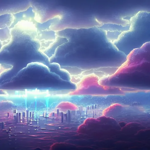 Image similar to this is a beautiful surreal scenery artwork from pixiv. it includes gigantic living inside network of cloud computing material, cloud buildings with internal computer infinites. god lighting, rays, sublimely cold color palette. insanely detailed, artstation!! pixiv!! infinitely detailed