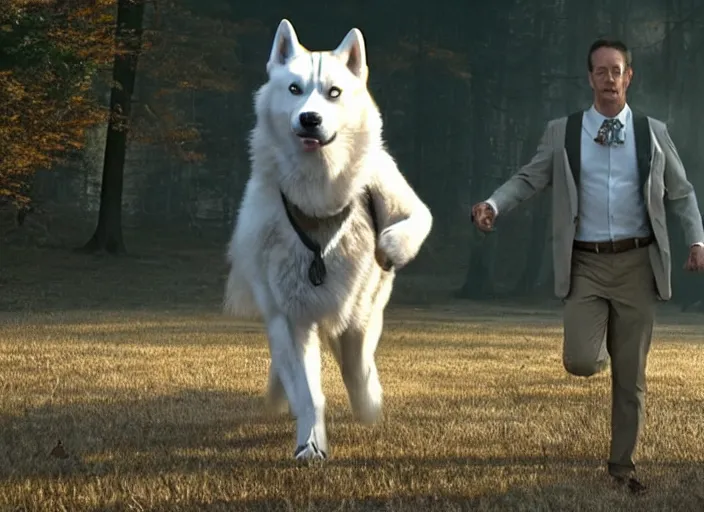 Image similar to film still of an anthropomorphic standing upright man dog white vested husky!!!!!! in a white vest wearing a white vest!!!!! in the new sci - fi movie, 8 k