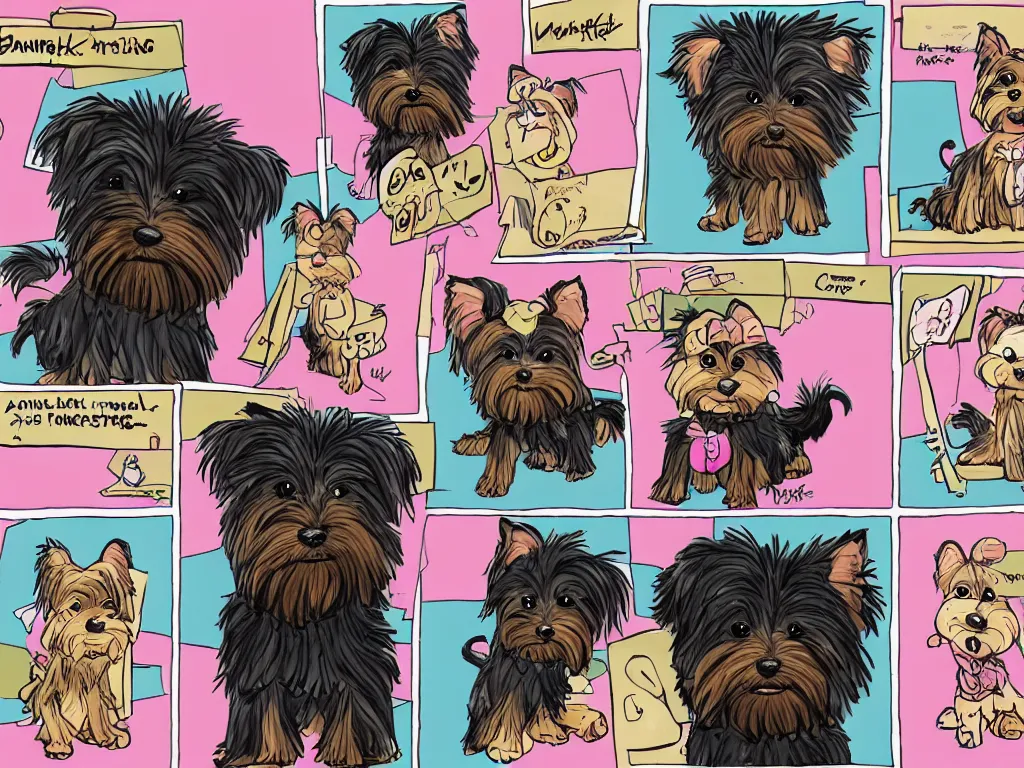 Image similar to a comic strip of a smiling black and caramel Yorkshire Terrier, a pink rubber monkey in front of a simply sketch background , courtroom art, art by Mauricio de Sousa