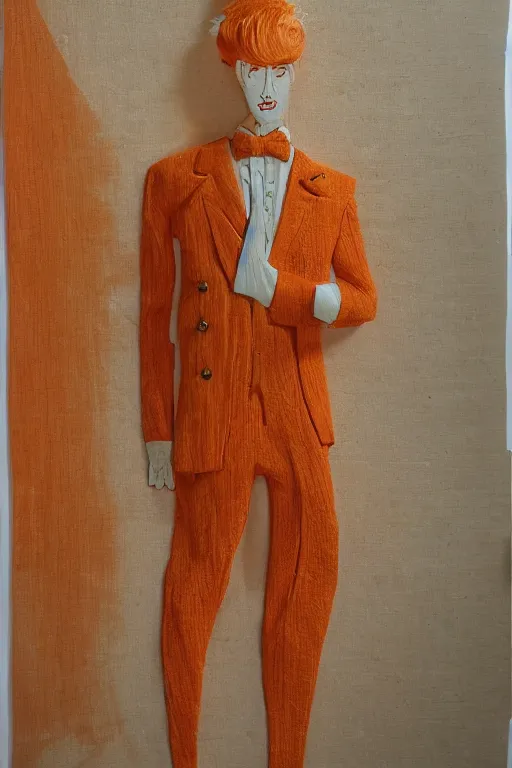 Prompt: a scene depicting a orange haired elegant character wearing a voluminous suit made from linen and transparent plastic, acrylic, super detailed, soft light