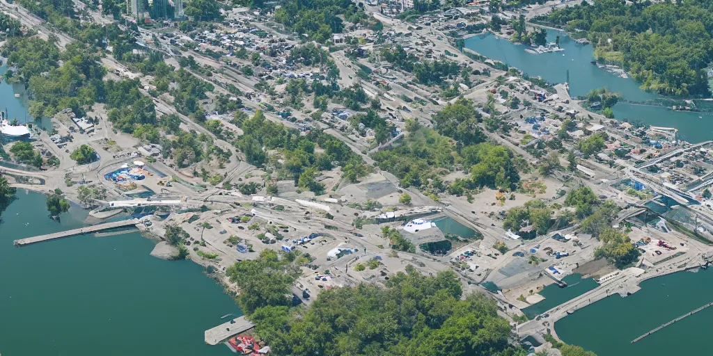 Prompt: bird's eye view of a city, trailer park, a road, bridge, and lagoon with docking area.